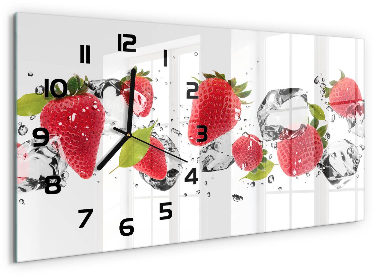 TULUP Wandklok - Aardbeien en water Wandklok Glas Decoratie - 60x30 cm - Rood Gekleurde Glazen Klok - Zwarte handen - Rechthoekige Klok - Klok Glas Met Opdruk - Moderne Wandklok Glas