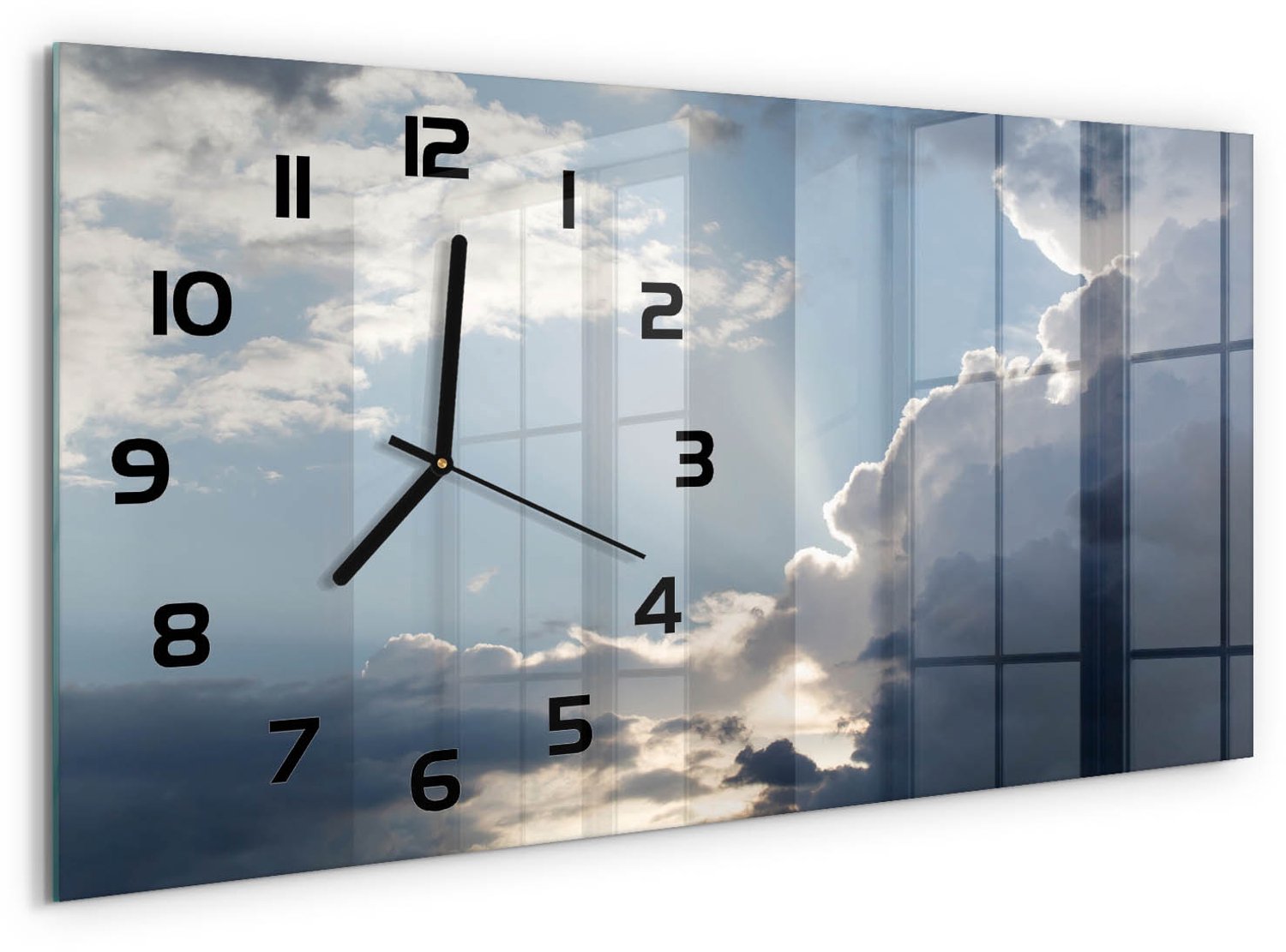 TULUP Wandklok - Wolken aan de hemel Moderne Wandklok Glas - 60x30 cm - Blauw Wandklok Glas Decoratie - Zwarte handen - Rechthoekige Klok - Glazen Wandklok Design - Klok Glas Met Opdruk