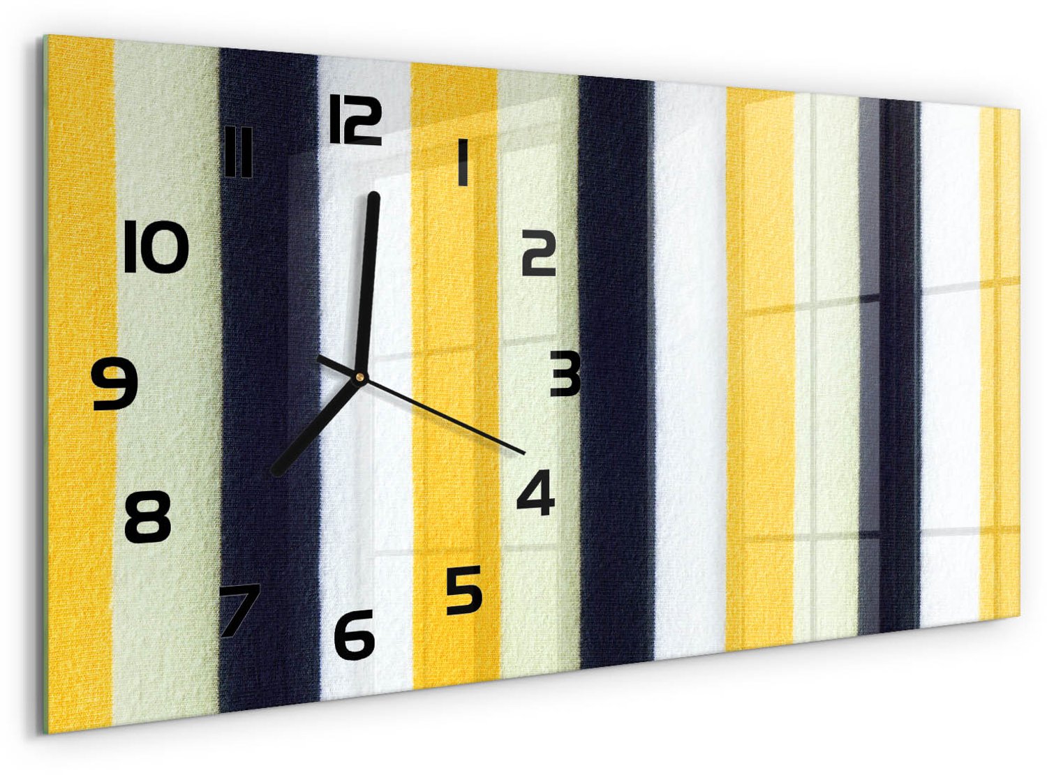 TULUP Wandklok - Gestreepte achtergrond Glazen Wandklok Design - 60x30 cm - Geel Klok Glas Met Opdruk - Zwarte handen - Rechthoekige Klok - Wandklok Glas Met Motief - Decoratieve Glazen Klok