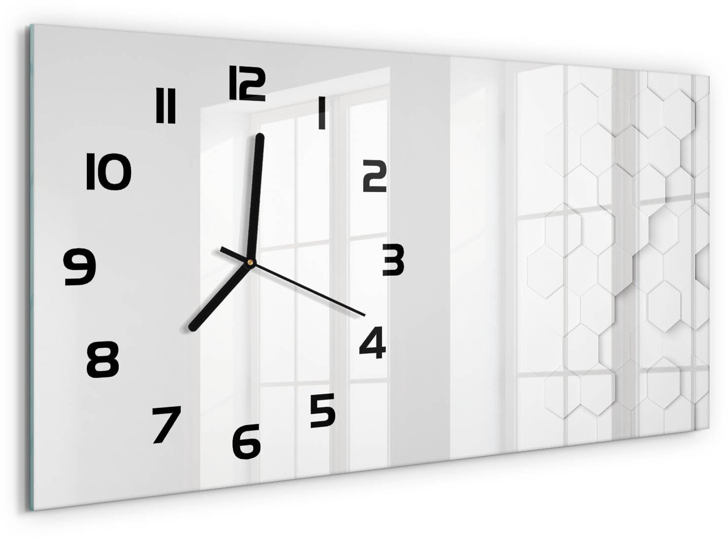 TULUP Wandklok - Zeshoekige achtergrond Decoratieve Glazen Klok - 60x30 cm - Wit Glazen Wandklok Design - Zwarte handen - Rechthoekige Klok - Glazen Klok Met Print - Wandklok Glas Met Motief