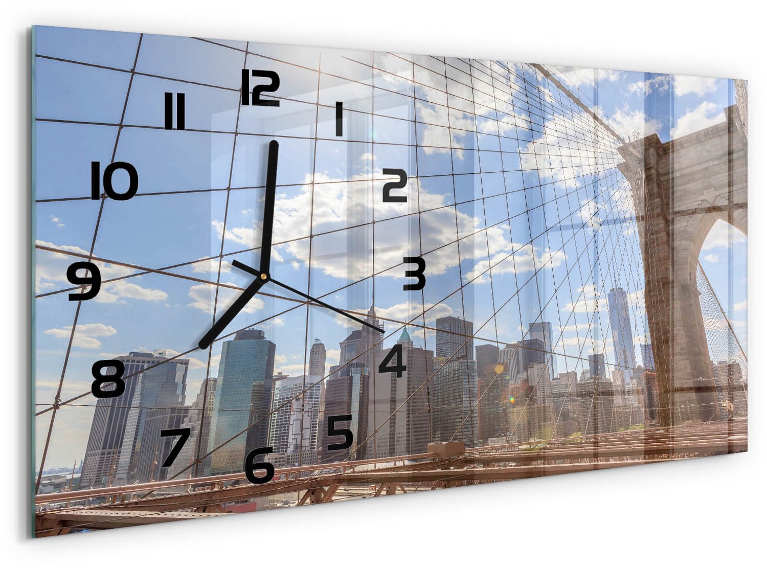 TULUP Wandklok - New York Bridge Gekleurde Glazen Klok - 60x30 cm - Blauw Glazen Klok Met Print - Zwarte handen - Rechthoekige Klok - Moderne Wandklok Glas - Wandklok Glas Decoratie
