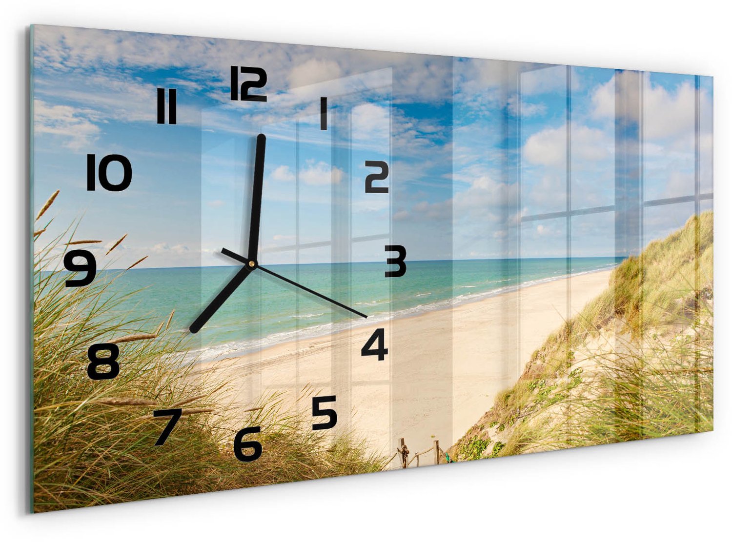 TULUP Wandklok - Duin aan zee Glazen Wandklok Design - 60x30 cm - Blauw Klok Glas Met Opdruk - Zwarte handen - Rechthoekige Klok - Wandklok Glas Met Motief - Decoratieve Glazen Klok