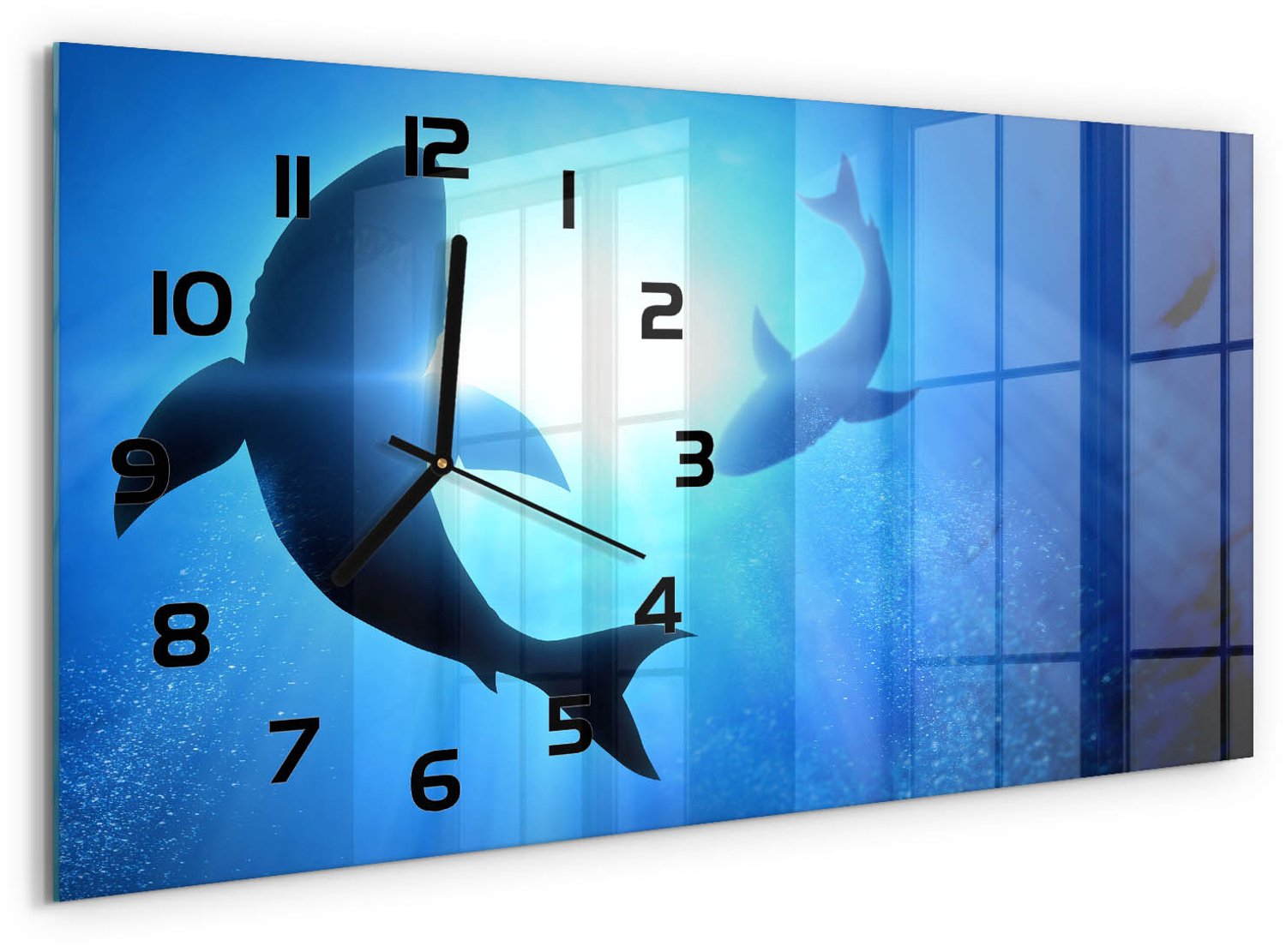TULUP Wandklok - Twee haaien Gekleurde Glazen Klok - 60x30 cm - Blauw Glazen Klok Met Print - Zwarte handen - Rechthoekige Klok - Moderne Wandklok Glas - Wandklok Glas Decoratie