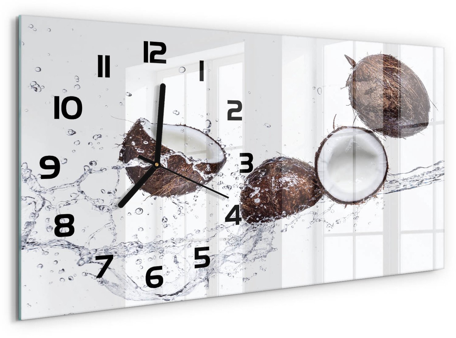 TULUP Wandklok - Kokosnoot met water Wandklok Glas Met Motief - 60x30 cm - Bruin Decoratieve Glazen Klok - Zwarte handen - Rechthoekige Klok - Gekleurde Glazen Klok - Glazen Klok Met Print