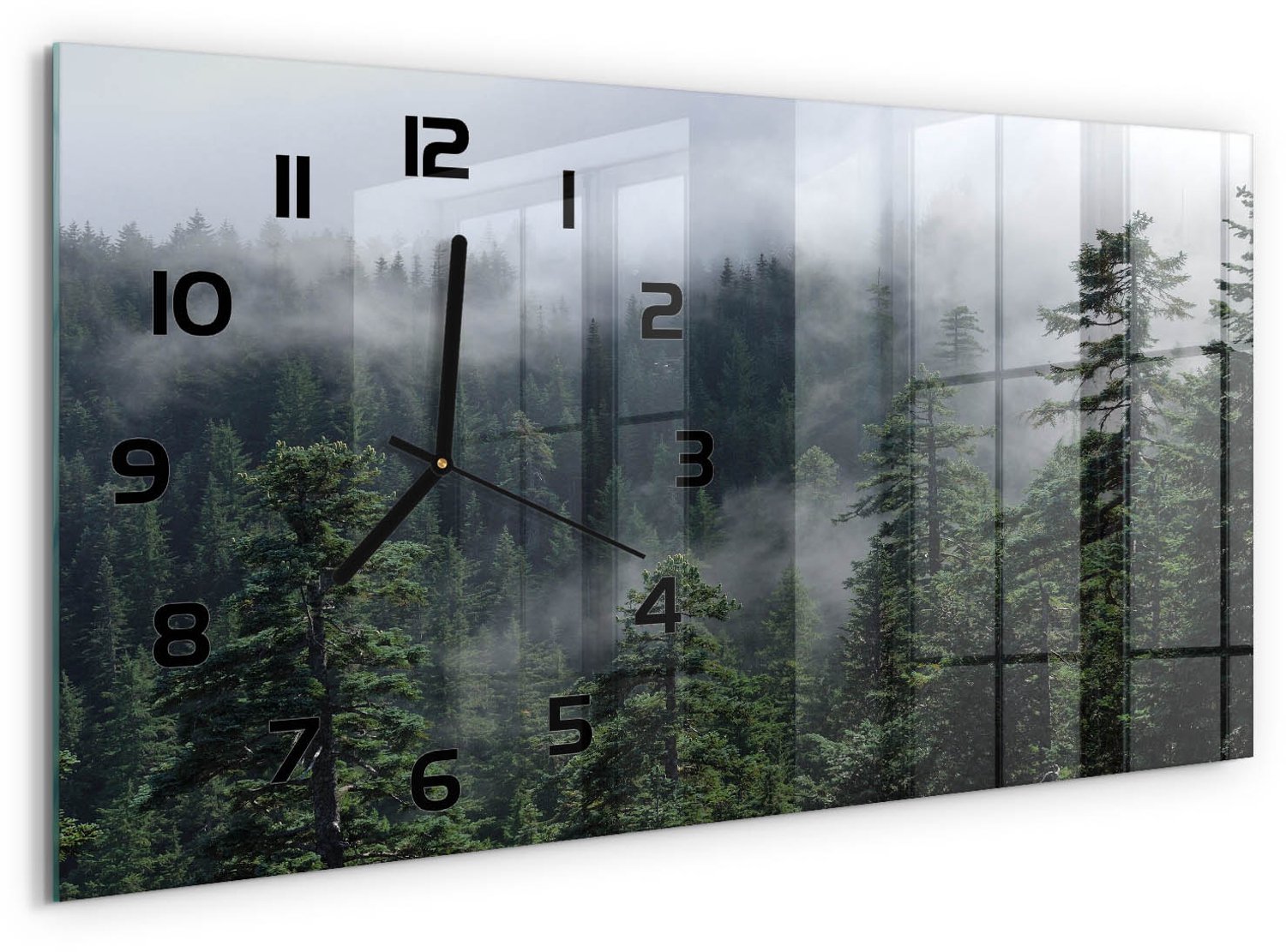 TULUP Wandklok - Bosmist Gekleurde Glazen Klok - 60x30 cm - Groente Glazen Klok Met Print - Zwarte handen - Rechthoekige Klok - Moderne Wandklok Glas - Wandklok Glas Decoratie