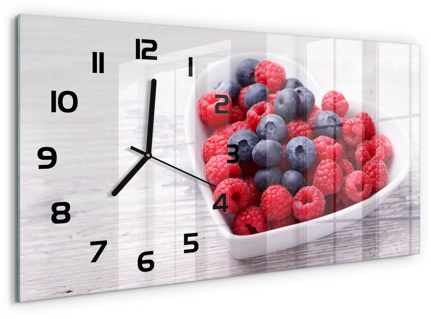 TULUP Wandklok - Frambozen en bosbessen Wandklok Glas Decoratie - 60x30 cm - Rood Gekleurde Glazen Klok - Zwarte handen - Rechthoekige Klok - Klok Glas Met Opdruk - Moderne Wandklok Glas