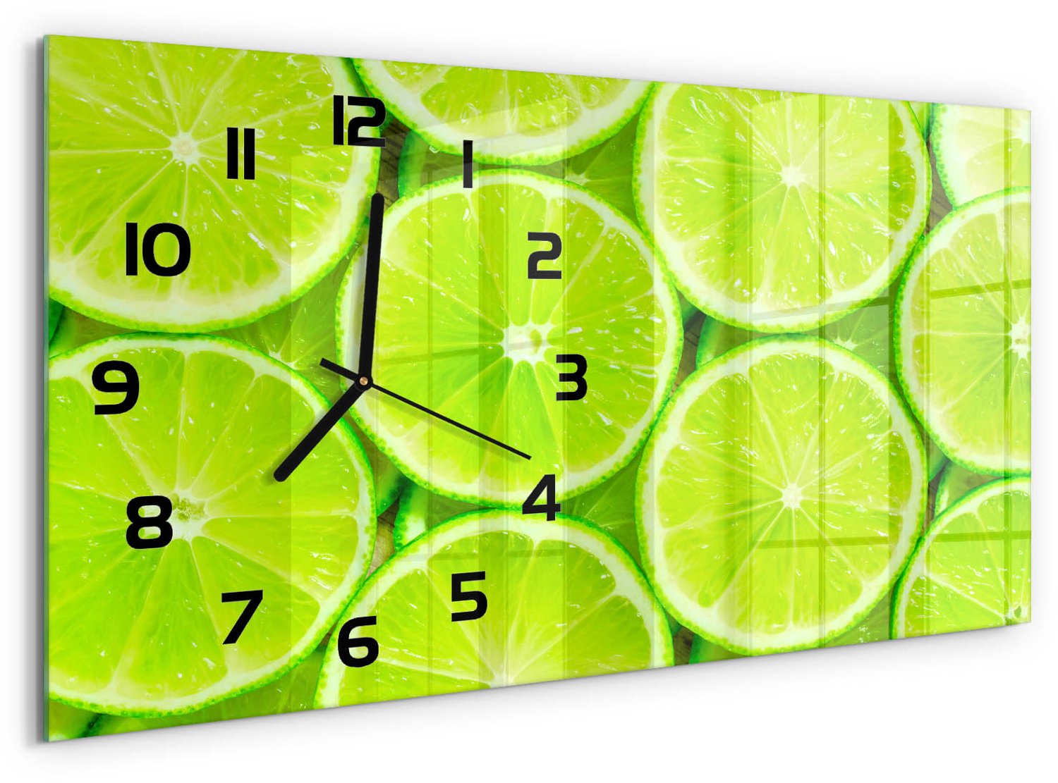 TULUP Wandklok - Limoenen Klok Glas Met Opdruk - 60x30 cm - Groente Moderne Wandklok Glas - Zwarte handen - Rechthoekige Klok - Decoratieve Glazen Klok - Glazen Wandklok Design