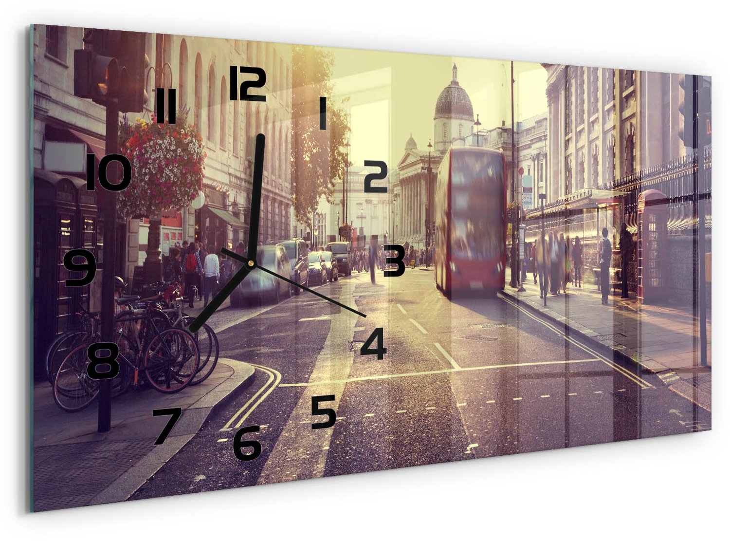 TULUP Wandklok - Londen Decoratieve Glazen Klok - 60x30 cm - Beige Glazen Wandklok Design - Zwarte handen - Rechthoekige Klok - Glazen Klok Met Print - Wandklok Glas Met Motief