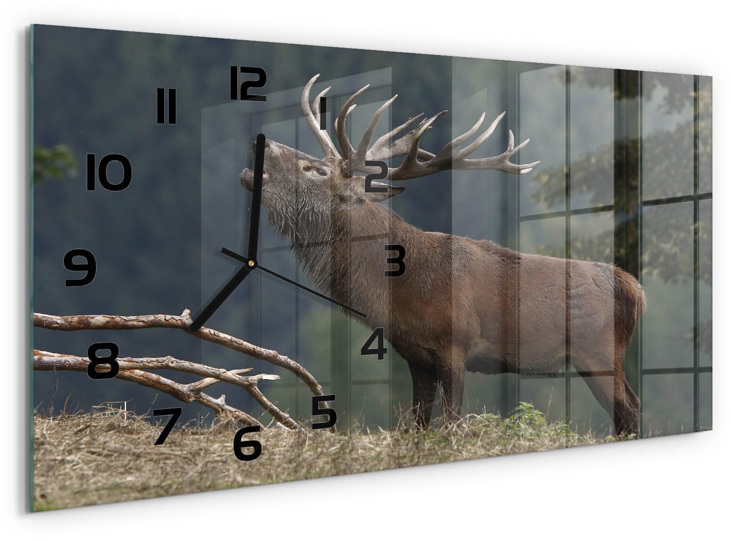 TULUP Wandklok - Hert op de heuvel Wandklok Glas Decoratie - 60x30 cm - Bruin Gekleurde Glazen Klok - Zwarte handen - Rechthoekige Klok - Klok Glas Met Opdruk - Moderne Wandklok Glas