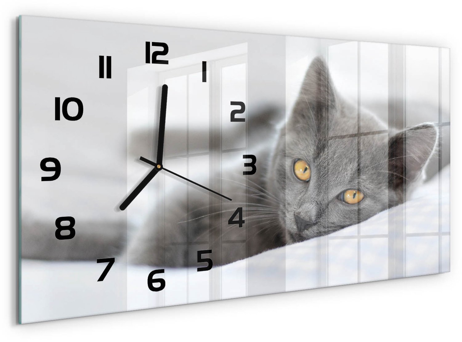 TULUP Wandklok - Grijze kat Moderne Wandklok Glas - 60x30 cm - Grijs Wandklok Glas Decoratie - Zwarte handen - Rechthoekige Klok - Glazen Wandklok Design - Klok Glas Met Opdruk