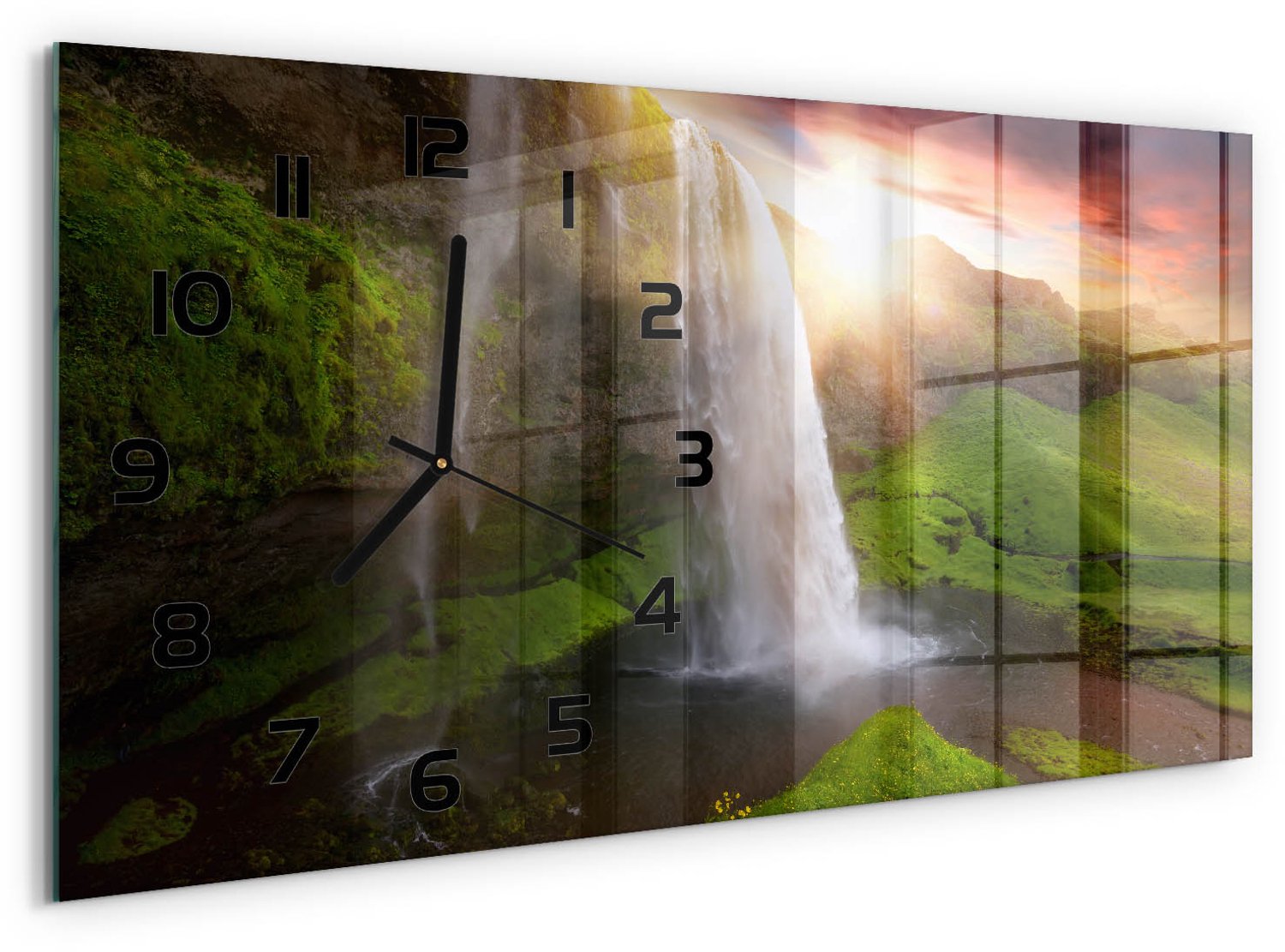 TULUP Wandklok - Waterval Wandklok Glas Decoratie - 60x30 cm - Groente Gekleurde Glazen Klok - Zwarte handen - Rechthoekige Klok - Klok Glas Met Opdruk - Moderne Wandklok Glas