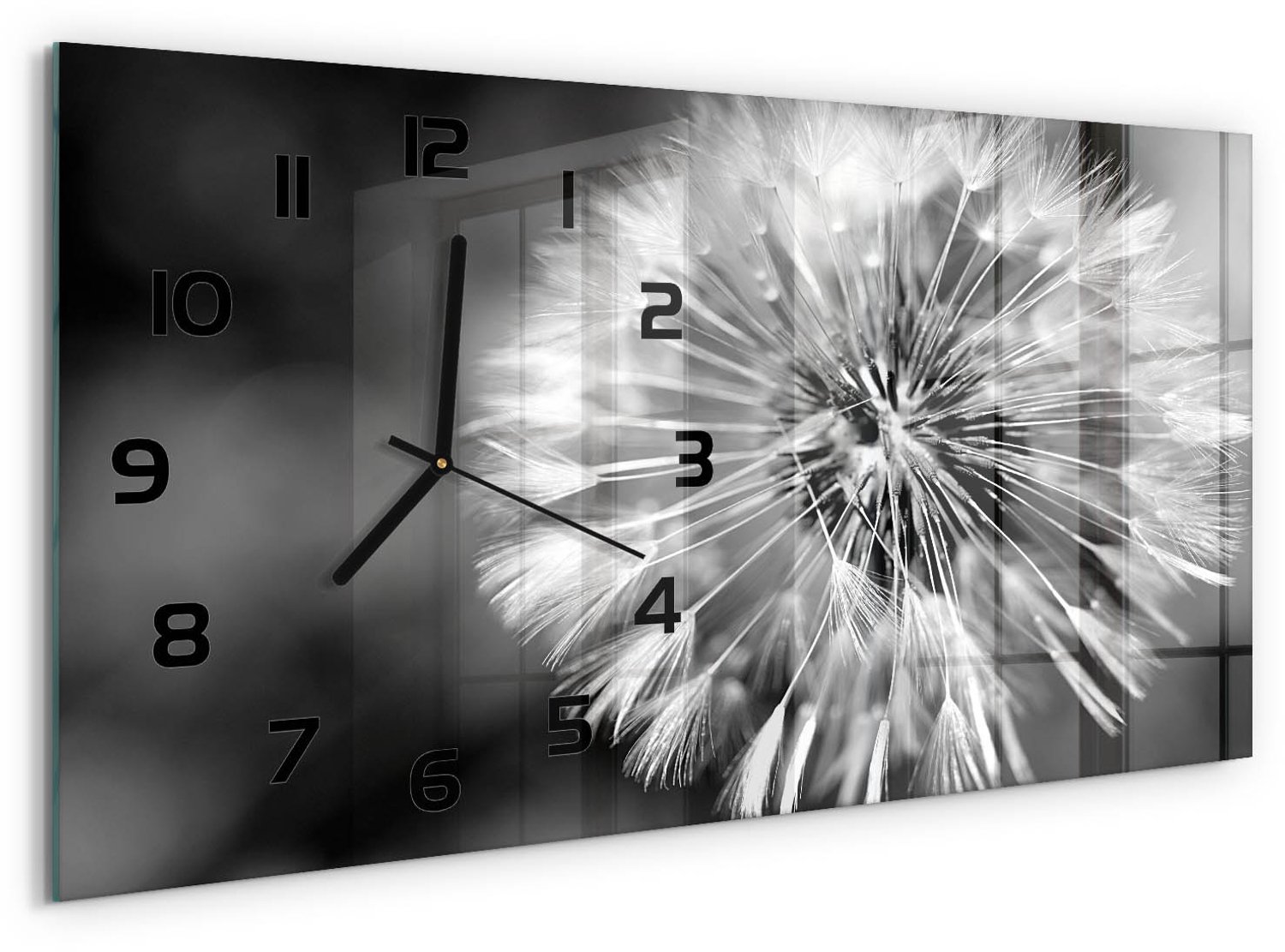 TULUP Wandklok - Paardebloem Glazen Wandklok Design - 60x30 cm - Zwart-wit Klok Glas Met Opdruk - Zwarte handen - Rechthoekige Klok - Wandklok Glas Met Motief - Decoratieve Glazen Klok