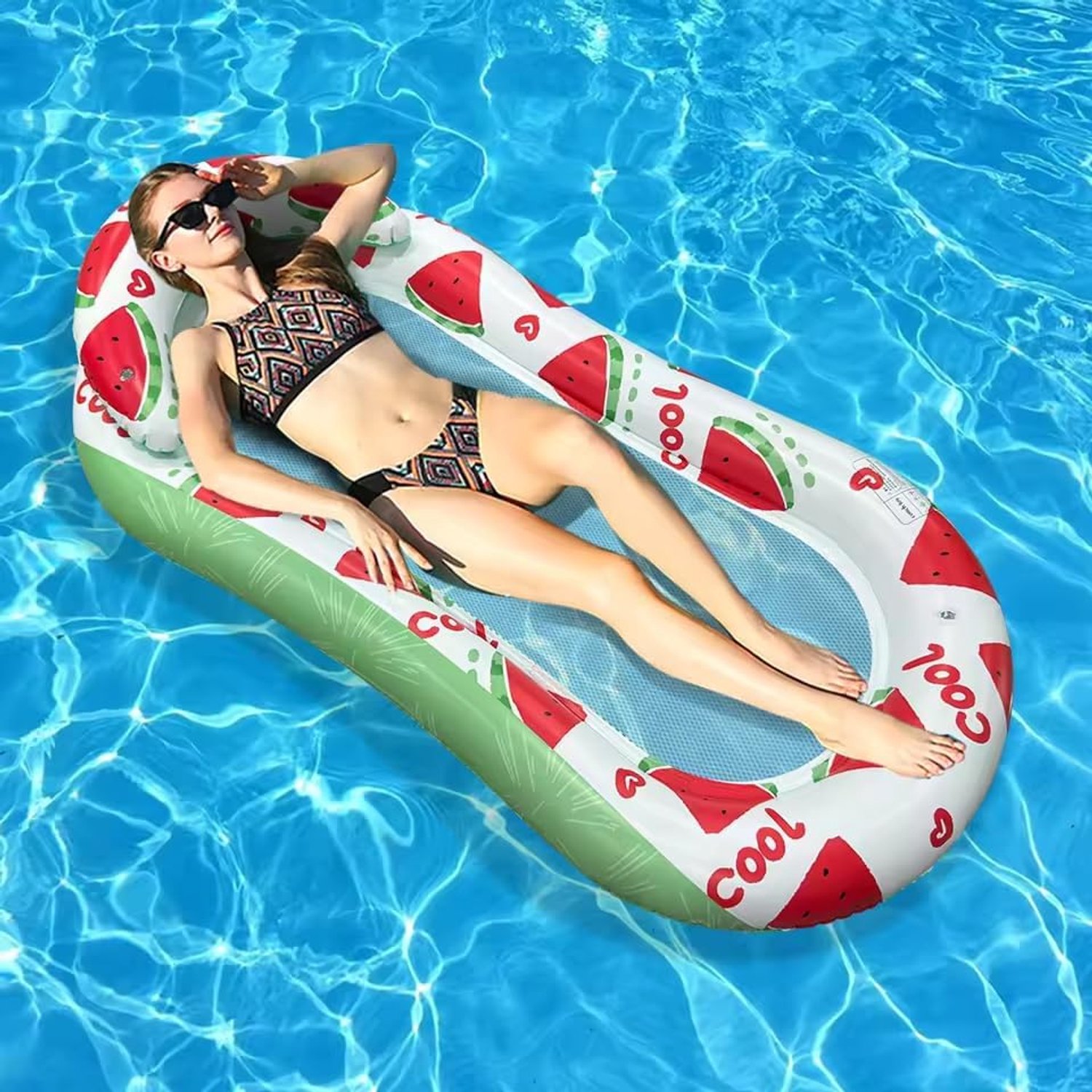 Waterhangmat, zwembadhangmat met hoofdeinde, badhangmat, waterluchtmatras met net, voor kinderen en volwassenen; voor zomerzwembad, strand, meer en feestjes