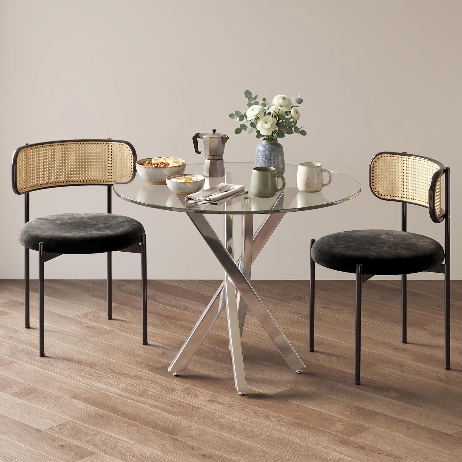 Eettafel, rond, glas, 80 cm, glazen tafel, eettafel, rond, voor 4 personen, kleine ronde eettafel 80 cm met stabiele kruisvormige tafelpoten, salontafel van glas voor keuken, woonkamer, balkon