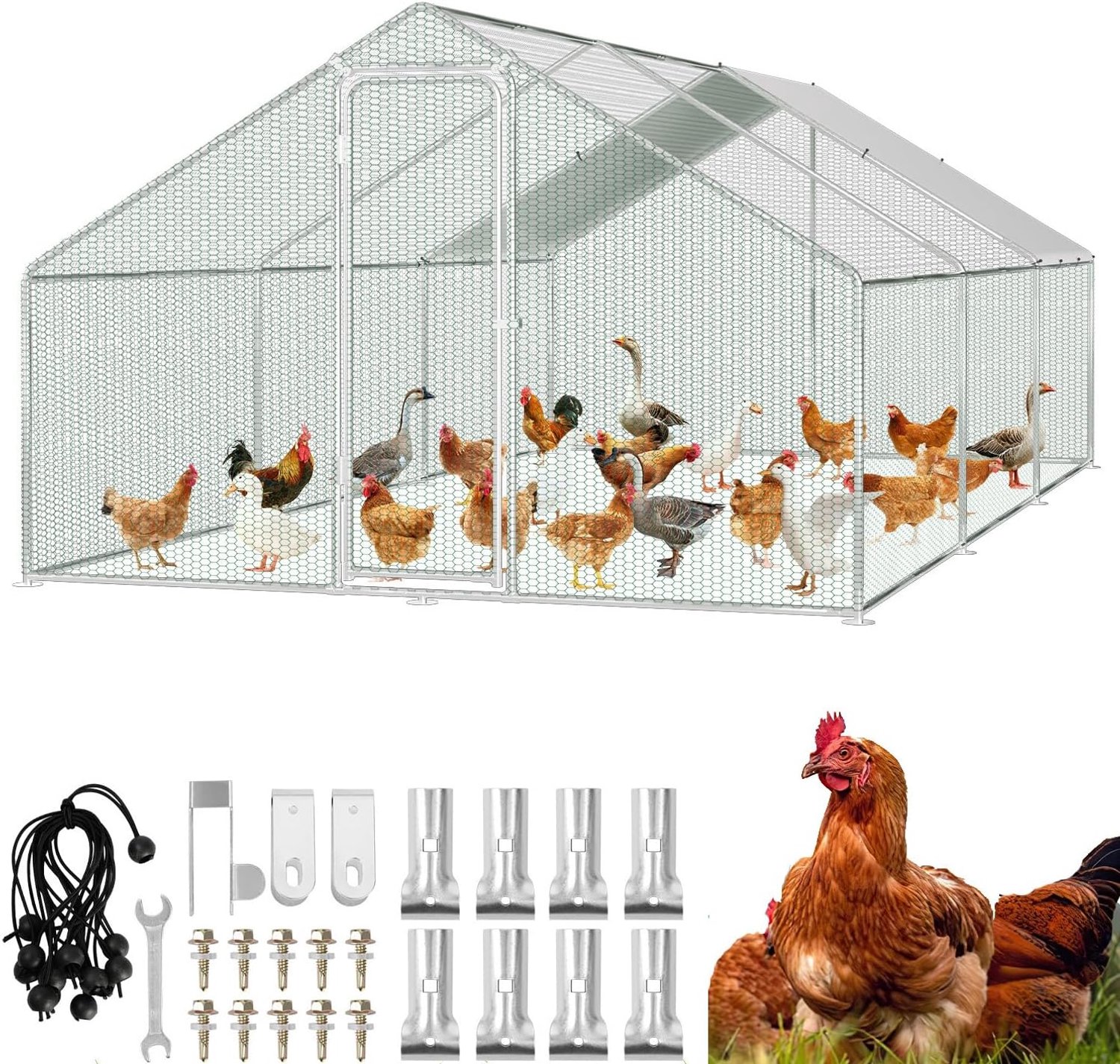 Vrijloophok kippenhok, 3x6x2m metalen kooien voor kleine dieren met veiligheidsslot en waterdichte kippenuitloop-afdekking, vrijloophok voor kippen, vogelkooi, planten