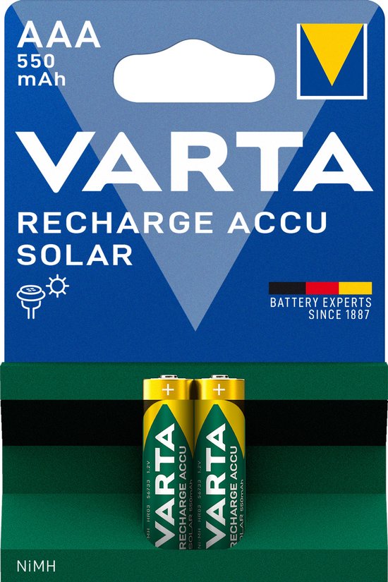 Verpakking met twee Varta AAA 550mAh oplaadbare batterijen. Blauw, geel en groen.