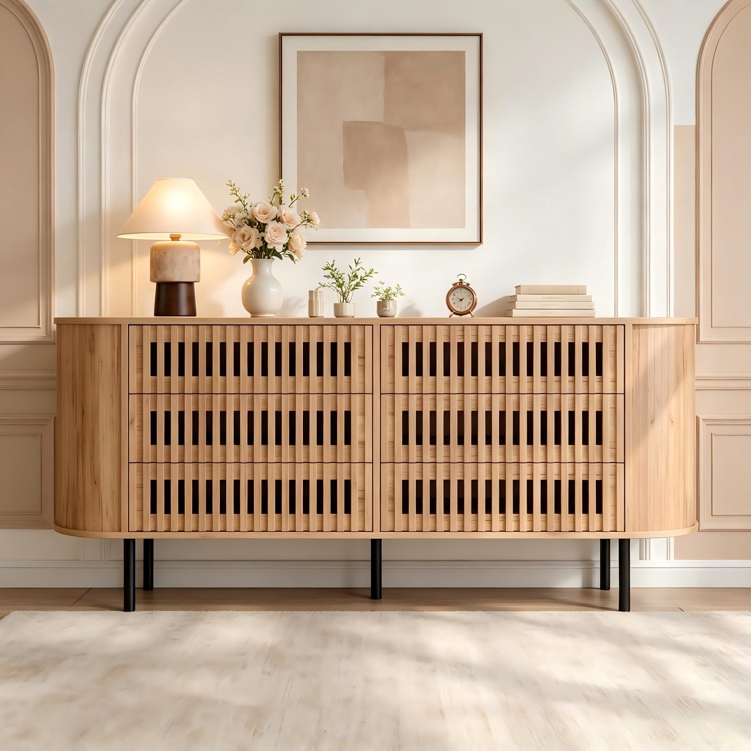 Dressoir 160 cm met 6 laden en lamellenfront - MDF opbergkast houtlook