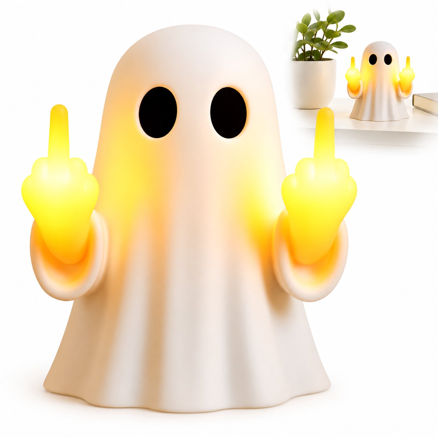 VHV - Halloween Decoratie Spook Lamp - Grappig Middelvinger Spookje met LED Verlichting - Humoristische Bureau Accessoire voor Kantoor - Uniek Prank Cadeau
