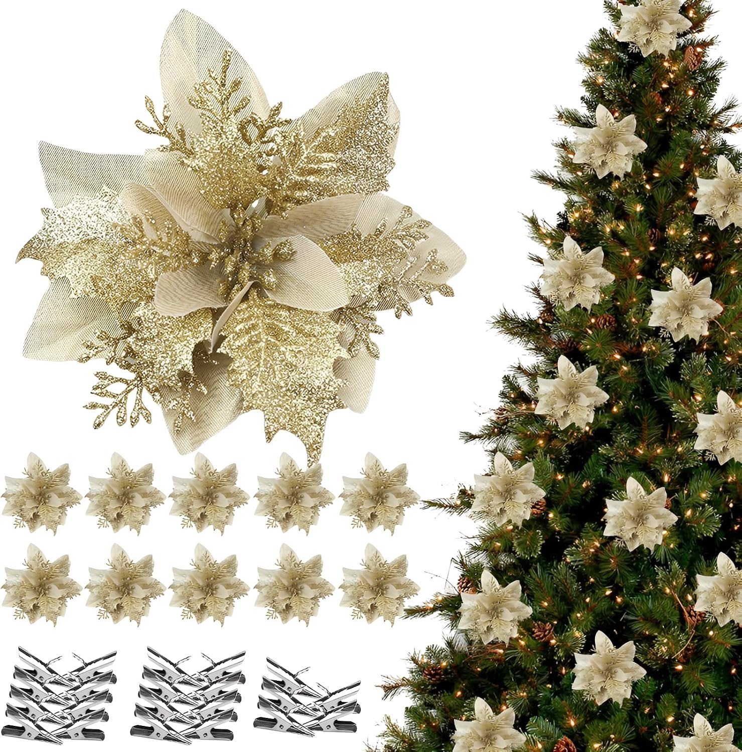 Kerstster met Clips, Glitter Kerstbloem voor de Kerstboom, Decoratie voor de Feestdagen