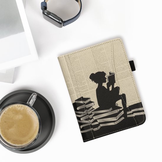 kwmobile flip cover geschikt voor Kobo Clara BW / Colour - Hoes met handgreep en voorvak voor e-reader - Book case in zwart / beige - Meisje met boeken design — afbeelding 3