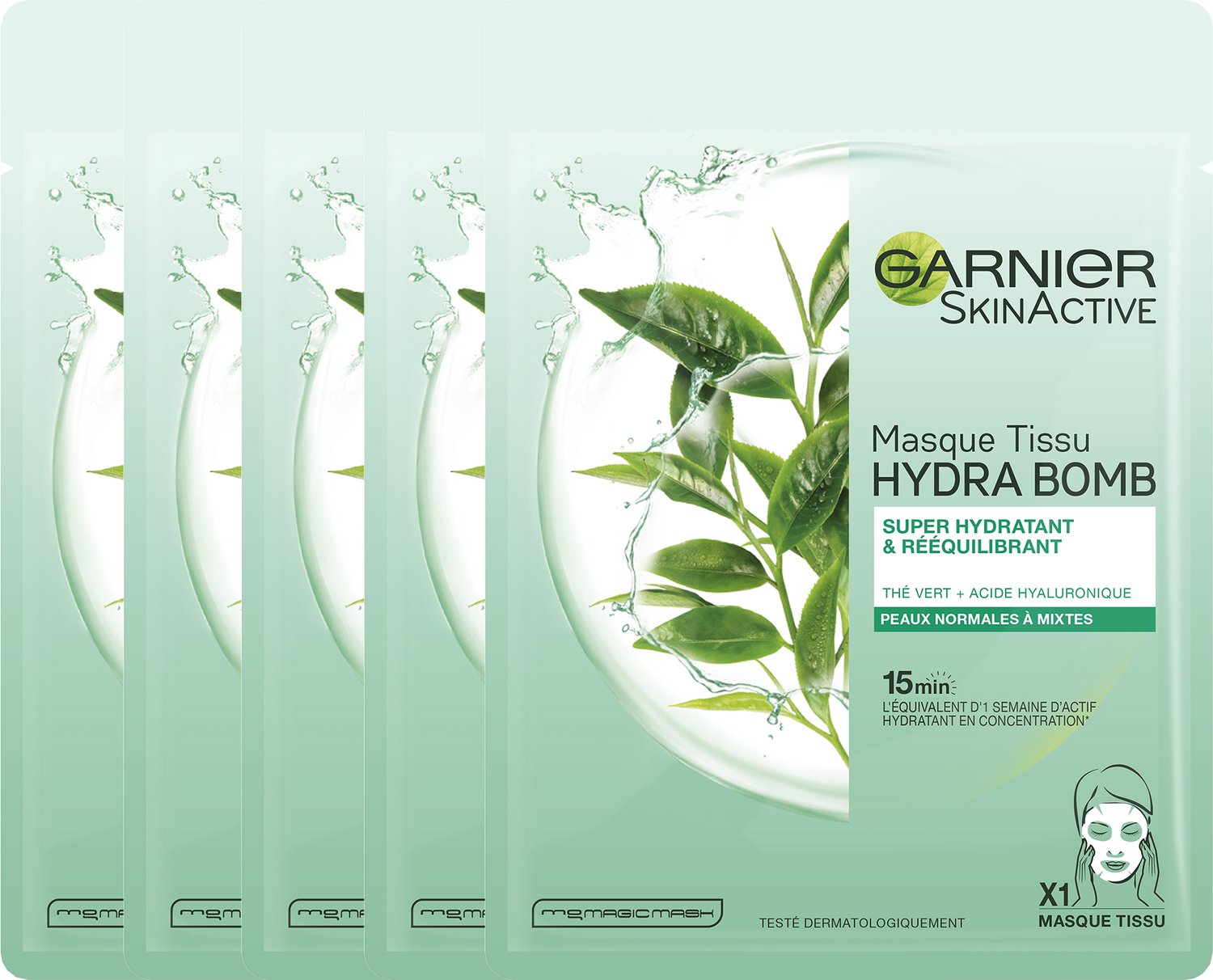 Garnier SkinActive Hydra Bomb Sheet Mask Groene Thee - 5 Stuks - Gezichtsmasker voor Normale & Gemengde Huid