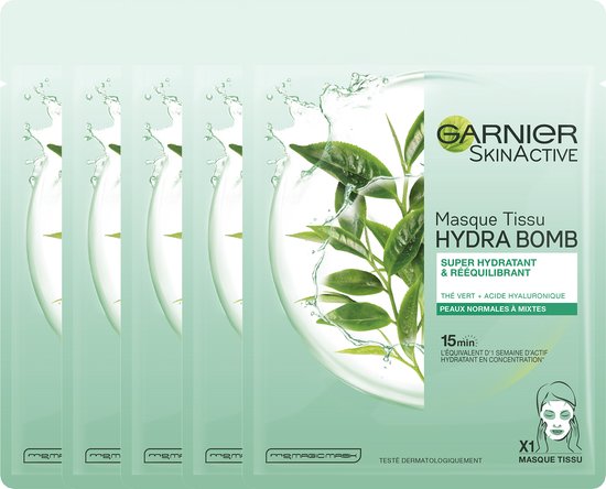 Garnier SkinActive Hydra Bomb Sheet Mask Groene Thee - 5 Stuks - Gezichtsmasker voor Normale & Gemengde Huid