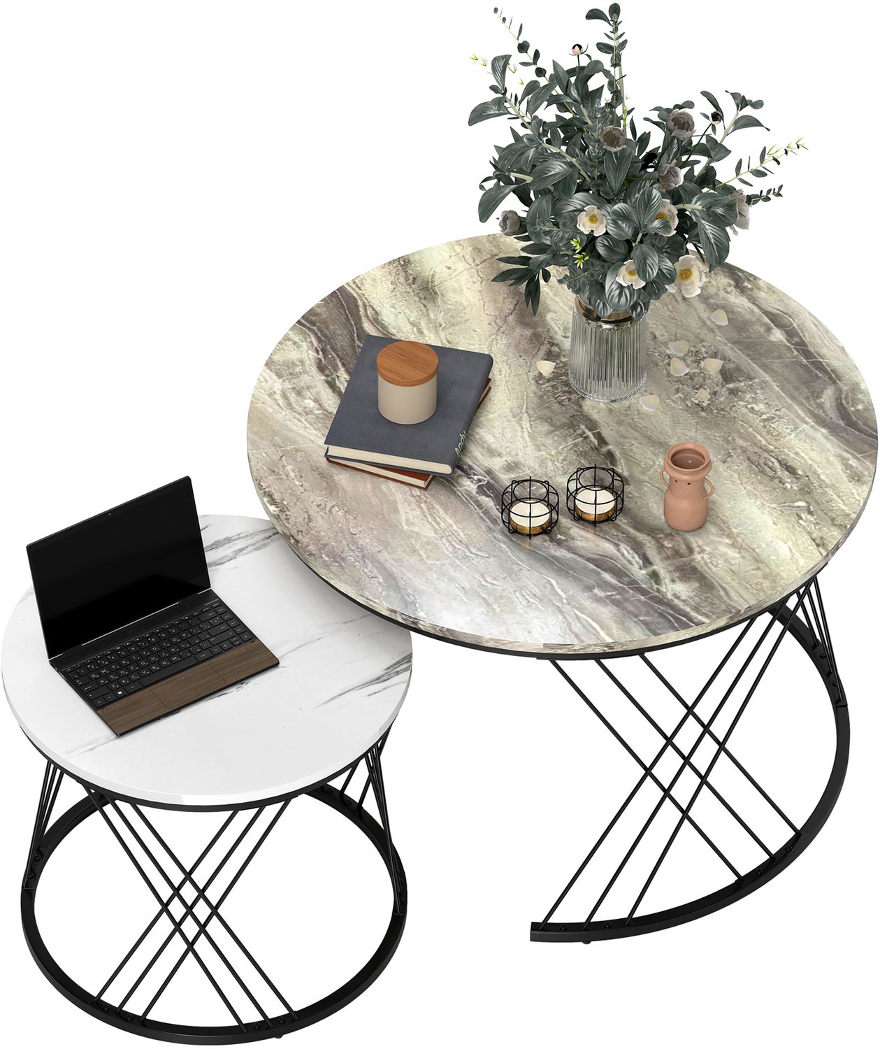 Homcom Coffee Table Set-Spanplatte, Metall-70 x 70 x 46.5 cm-Grau+Weiß Grijs, Wit