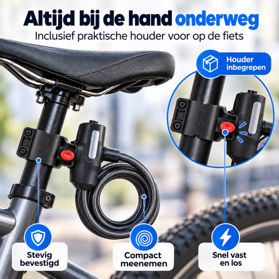 Fietsslot met Houder - Kabelslot - Spiraalslot - 120 cm - met Sleutels - Zwart — afbeelding 2