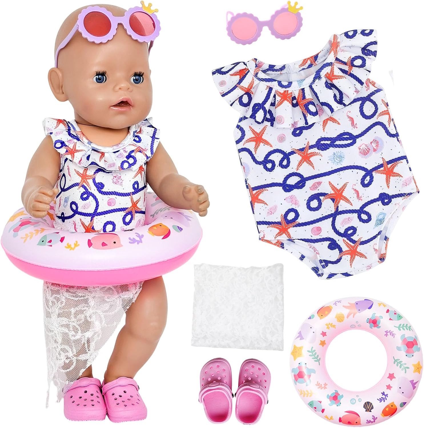 Doll zwemoutfit voor 30-45 cm poppen met 2-delig paarse handdoekset, zwemring, kroon en schoenen