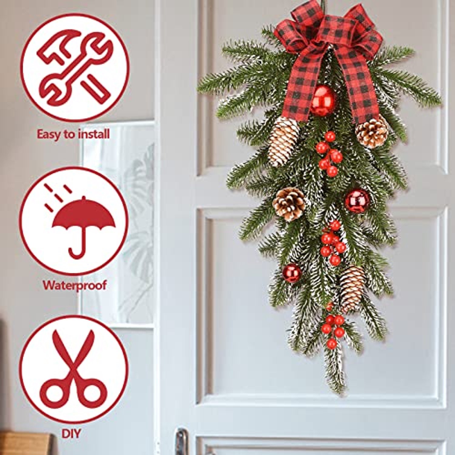 2 stuks Kerstkrans van dennennaalden met strik, dennenappels en rode ballen - 55cm - decoratieve kerstkransen voor binnen en buiten - Kunstmatige kerstversieringen voor aan de muur of deur – foto 5