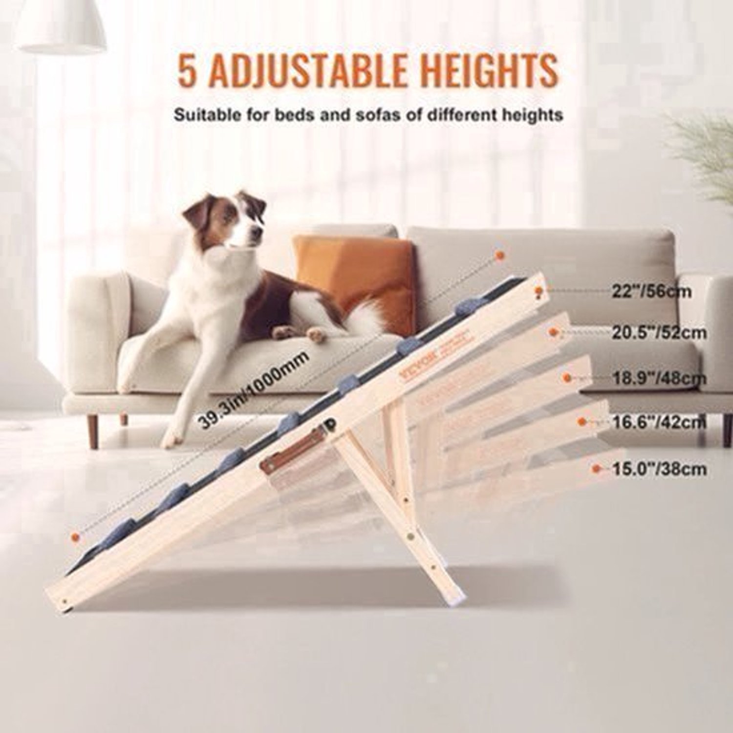 Ladder - Hondentrap - Hondenladder - Antislip - Oprijplaat -Hondenladder - Trap Hond - 39 Inch - Hoge Verstelbare Houten Oprijplaat Afneembaar - voor Kleine Oude Hond