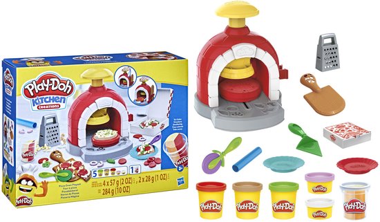 Play-Doh Pizza Oven Playset met rode oven, deegroller, pizzahoek, rasp en 6 potjes klei.