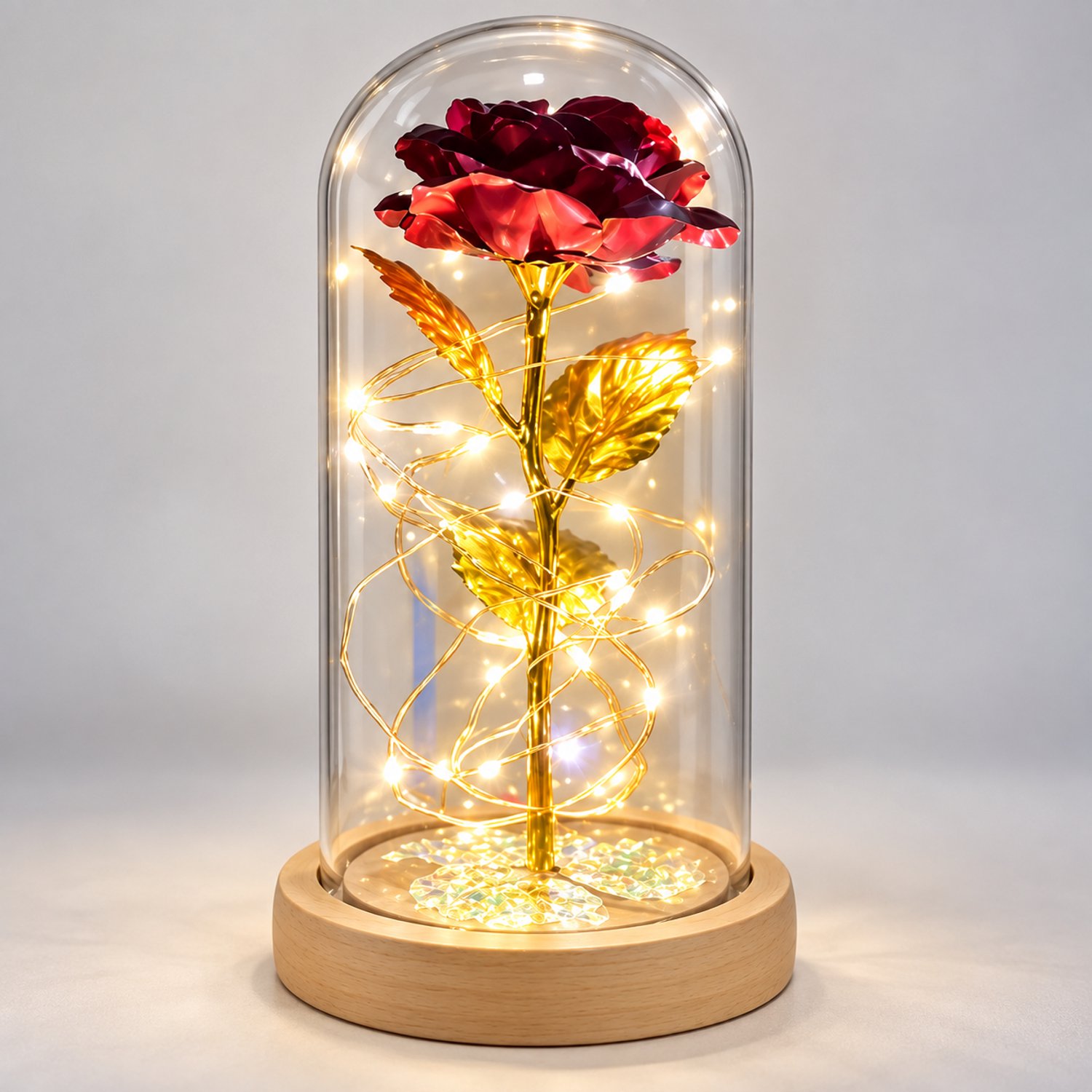 Nina’s Giftshop® Eeuwige Rode Roos in Glazen Stolp met LED – Houten Voet – Romantisch Cadeau voor Haar – Valentijn, Moederdag & Verjaardag