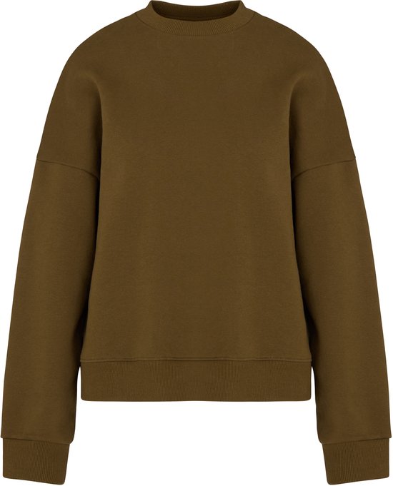 Olijfgroene sweater met ronde hals en geribbelde boorden, vooraanzicht.