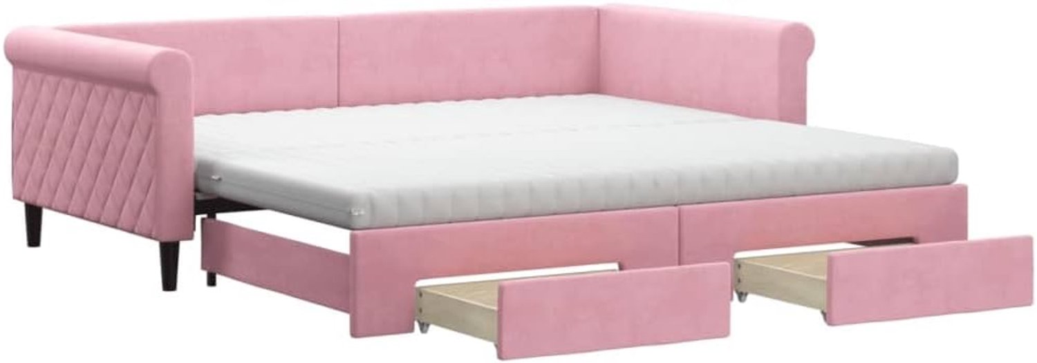 Familiebed, dagbed, hotelbed, uittrekbaar met schuifladen, roze, 100 x 200 cm, fluweel, voor slaapkamer, logeerkamer