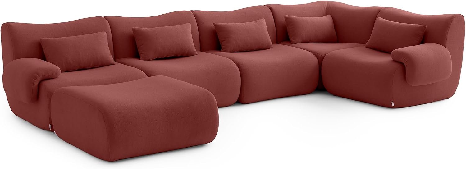 Hoekbank, 5-zits met chaise longue, bouclé-stof, afneembare kussenhoezen (Terracottarood, 5-zits)
