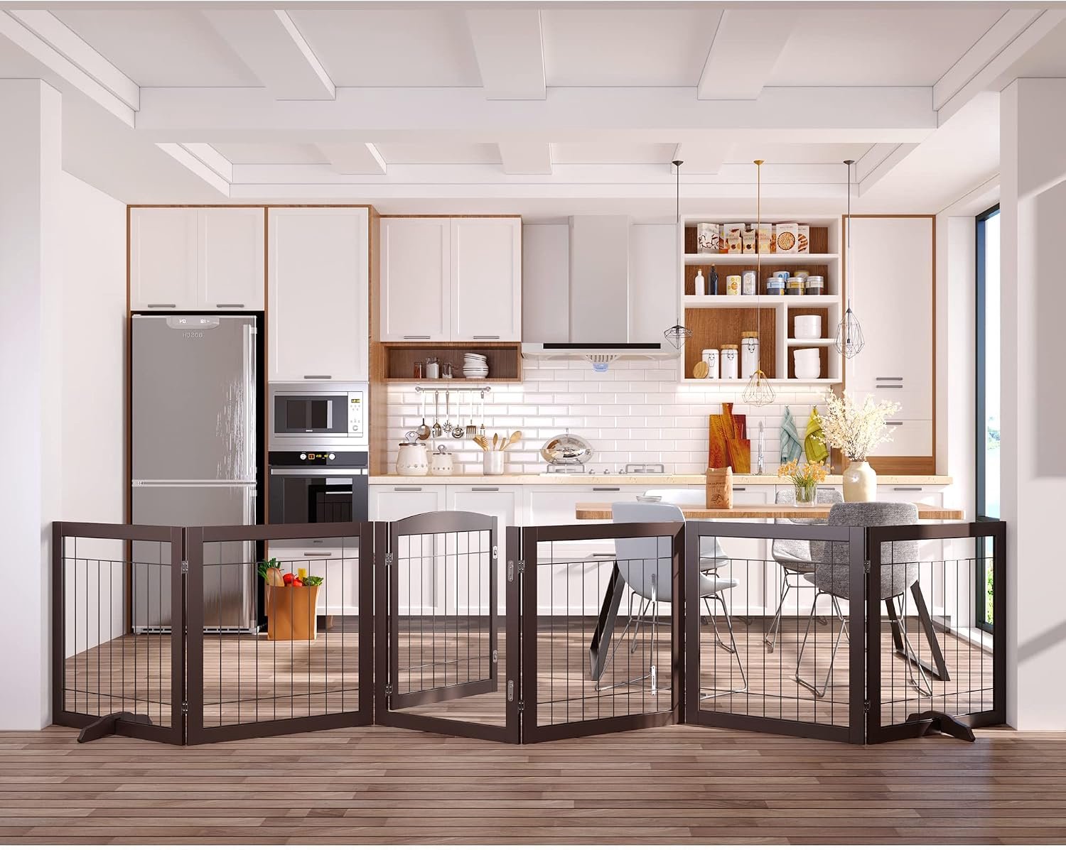 Pet Gate 144 inch breed, 30 inch hoge houten hondenpoort zonder montage met deur doorlopen, vrijstaande draad huisdier poort, huisdier puppy veiligheidshek, met 2 STKS ondersteuning - Espresso