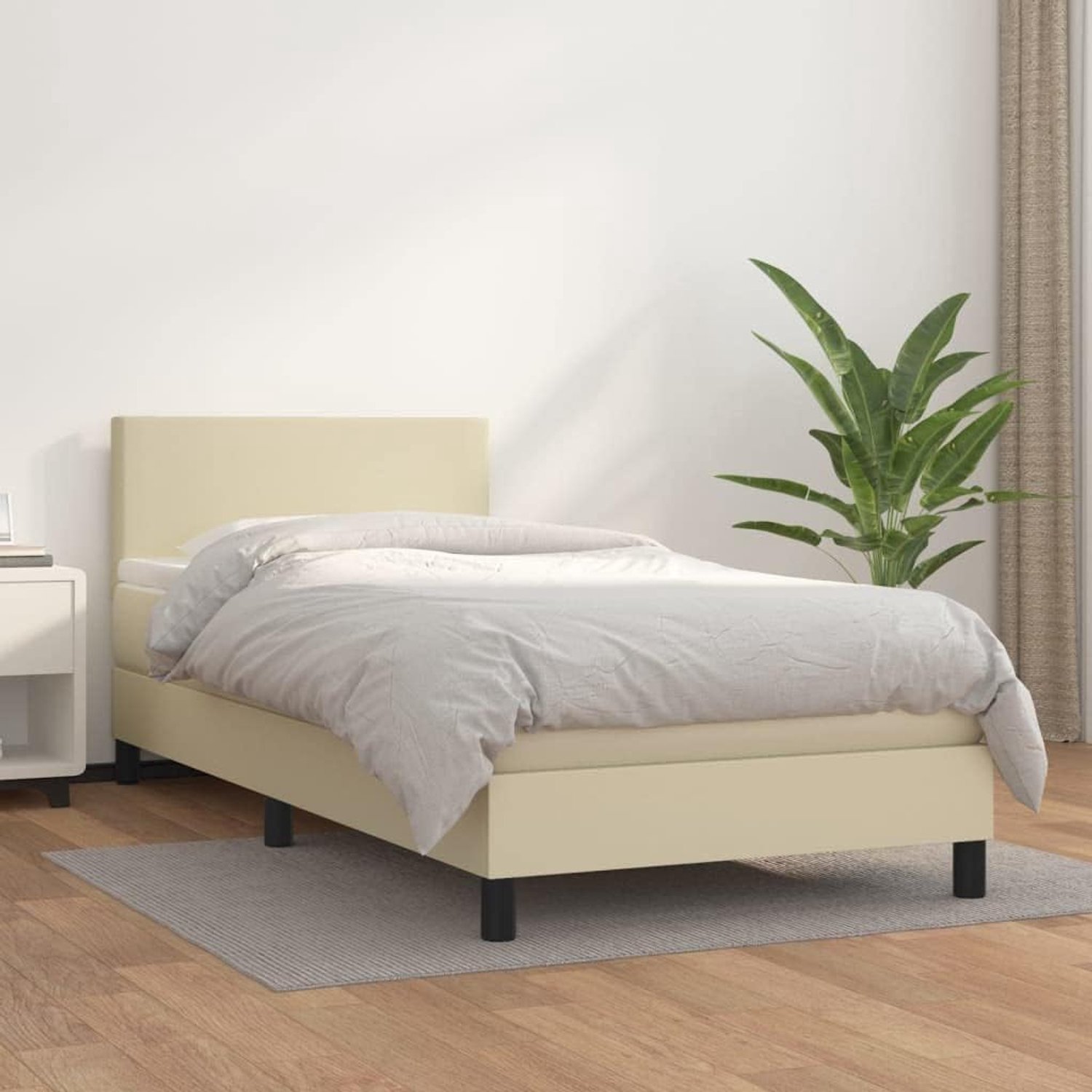 Boxspringbed met matras, crème, 100 x 200 cm, kunstleer, in hoogte verstelbaar hoofdeinde, pocketvering voor een rustige slaap, middelharde ondersteuning, huidvriendelijke kussen