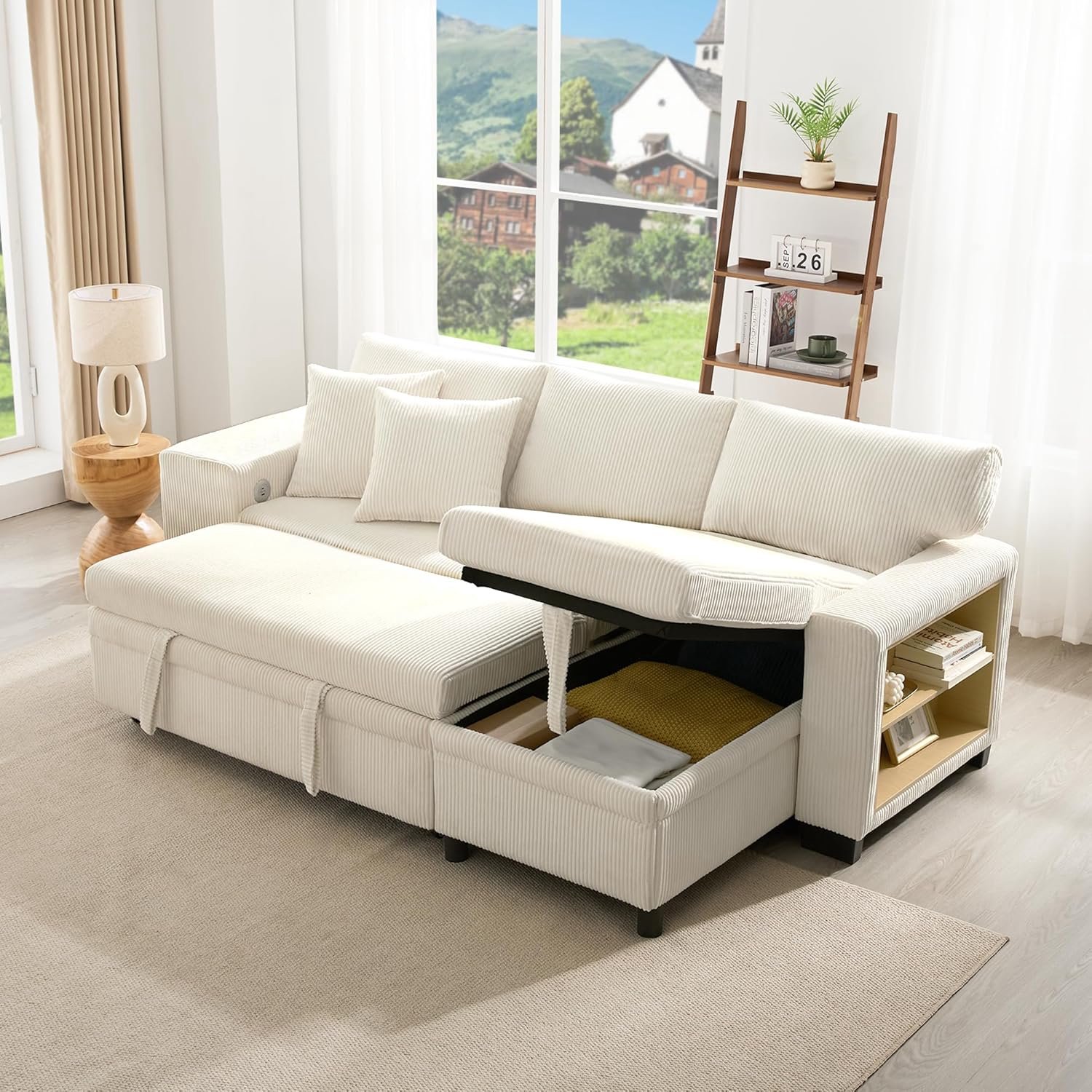 Hoekbank - L-vormige opvouwbare bank met USB-oplaadaansluiting, opbergruimte en plank, 3-zitsbank van corduroy beige (beige-B, 3-zits)