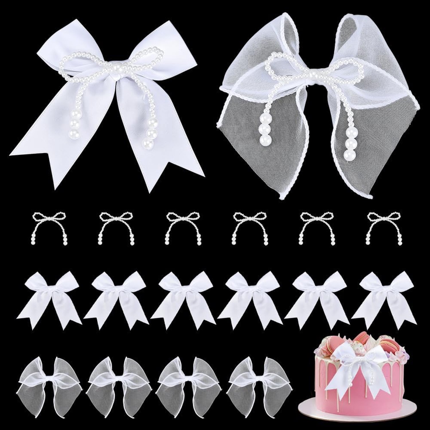 40 stuks 3 stijlen witte strikken imitatie parel strik taarttoppers kralen boog decoraties lint strik met stippen stickers voor geschenkverpakkingskaarten bruiloft feest ballonnen