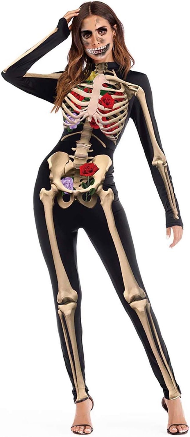 Halloween kostuum volwassen enge skelet jumpsuit slim fit met rits