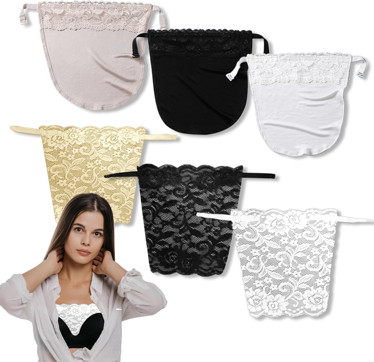 12 Stuks Clip-on Beha-inzetstukken, 3 Kleuren Kanten Top met Clip voor Dames, Verstelbaar Kanten Mock-hemdje van Polyester voor Diepe Halslijnen onder Tops en Jurken