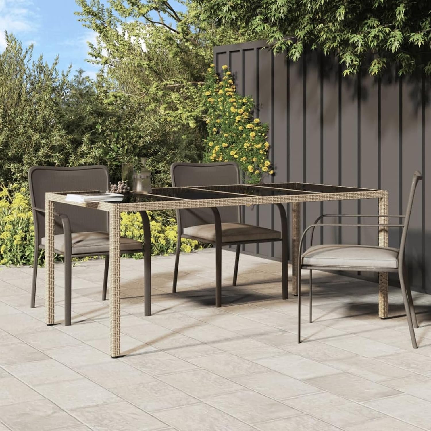 Tuintafel voor buitentafel, tuintafel, tuin, tafel, buitentafel, tuin, beige, 190 x 90 x 75 cm, gehard glas polyrotan
