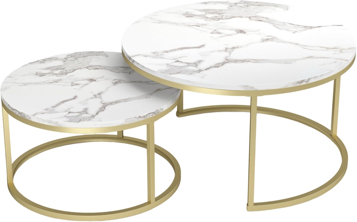 Set van 2, marmer, goudkleurig, woonkamertafel, wit, salontafel, rond, modern, 80 x 80 cm en 60 x 60 cm