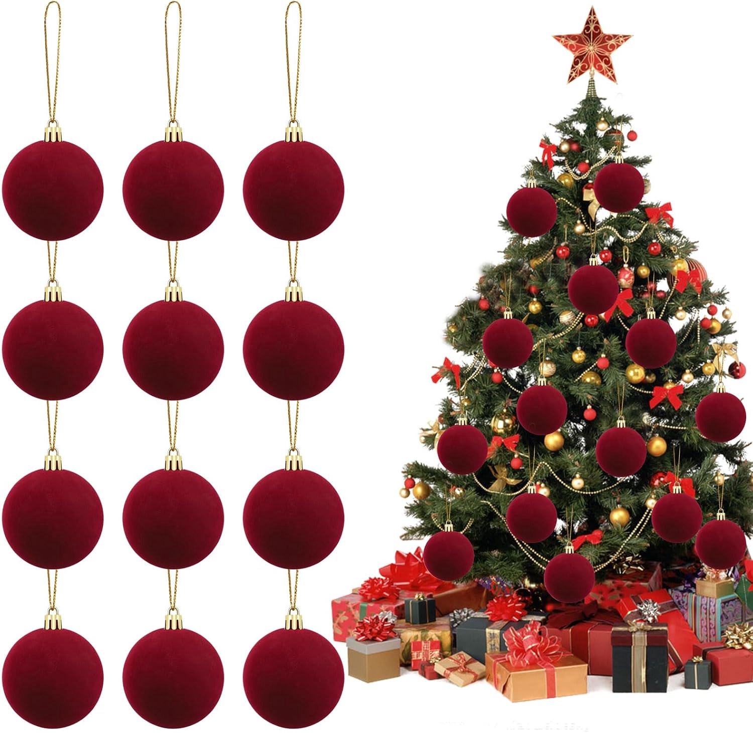 Kerstballen voor boom, 12 stuks, kerstballen, 6 cm, fluwelen kerstballen, kerstbal om op te hangen, voor kerstboom, slinger, feestdecoratie (C)