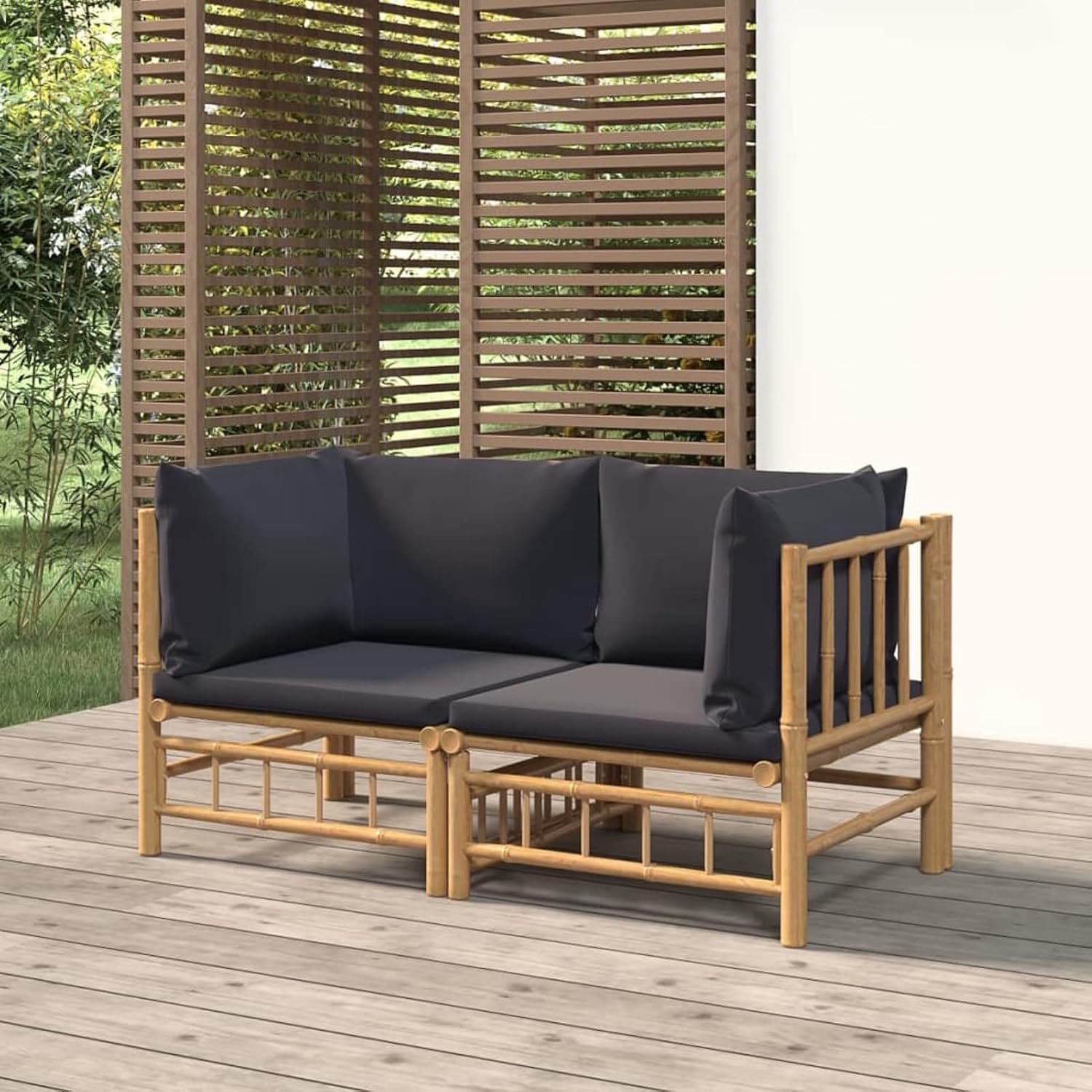 Hoekbank voor de tuin met kussen, donkergrijs, 2 stuks, bamboe, hoekbank voor tuin, moderne hoekbank, tuinbank