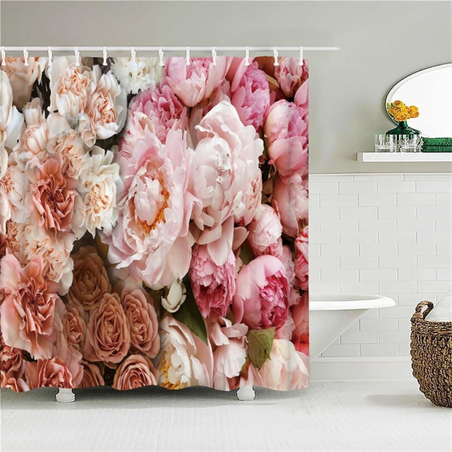 Pioenroos bloem douchegordijn wasbaar badgordijnen, met 12 haken en verzwaarde zoom, stoffen douchegordijnen buiten waterdicht polyester voor bad en douchecabine, B 150 x L 220 cm B 150 x L 220