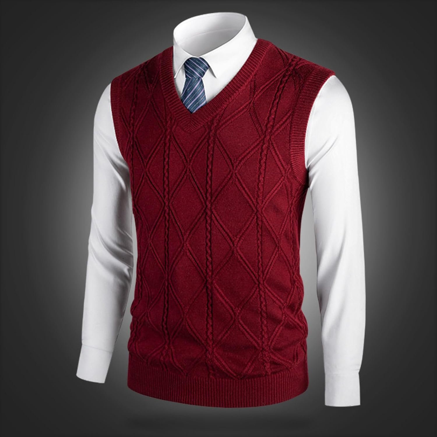 Kasjmier Gemengd Gewatteerd Gebreid Vest Met V-Hals, Klassiek Kleurblok Kabelgebreid Casual Mouwloos Vest Pullover, Zakelijk Heren Breigoed Gebreid Vest Trui Tanktops,Rood,S