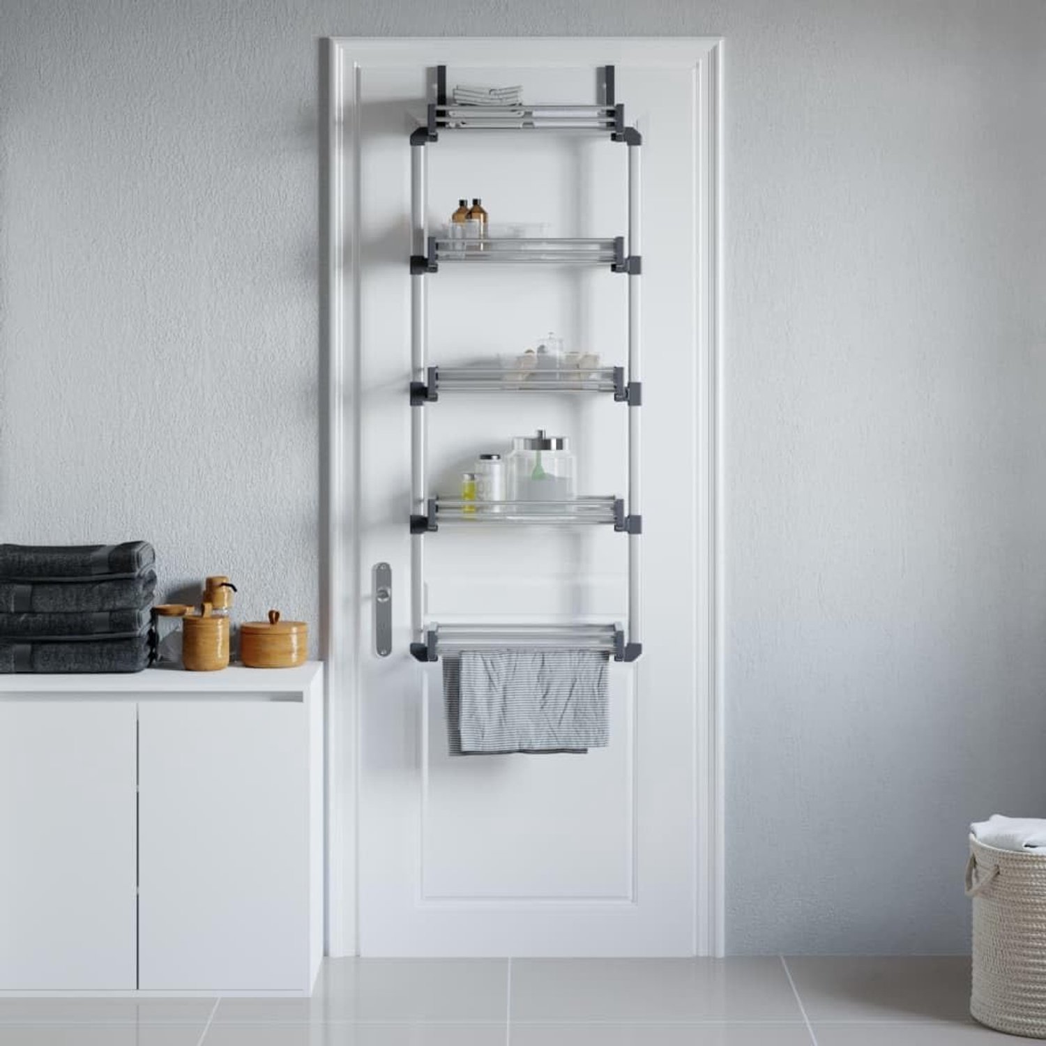 Deurorganizer met 5 planken, aluminium hangrek, zilver