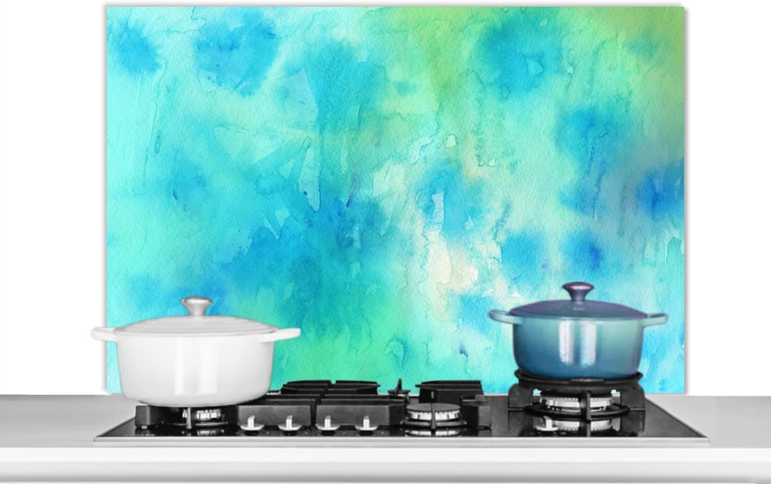 Spatscherm Keuken - 100x65 cm - Waterverf - Groen - Wit - Blauw
